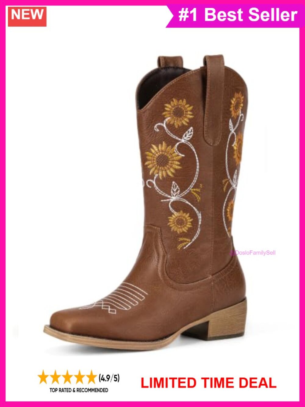 Mid Calf Western Cowboy Boots Faux Leather Floral Embroidery Square Toe